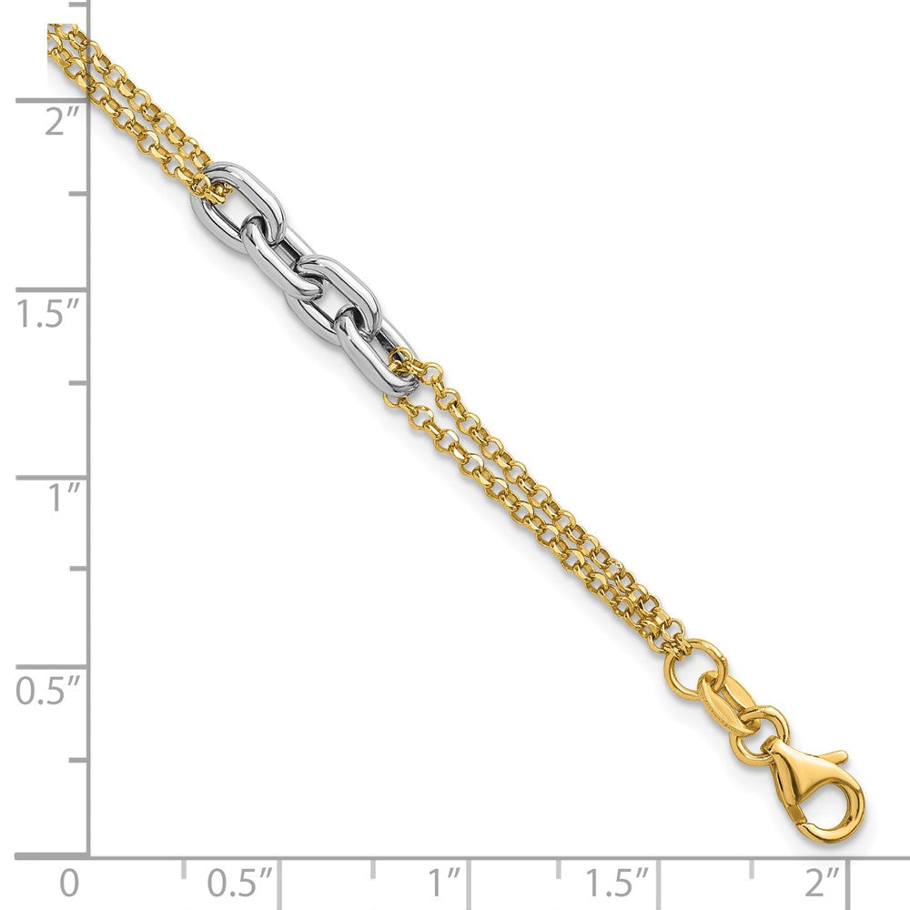 14K Two-Tone Gold Polished Fancy Oval Link and Double Strand Chain 7.25 Inch with 1 Inch extension Bracelet