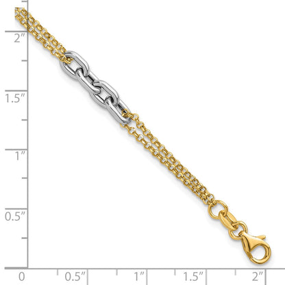 14K Two-Tone Gold Polished Fancy Oval Link and Double Strand Chain 7.25 Inch with 1 Inch extension Bracelet