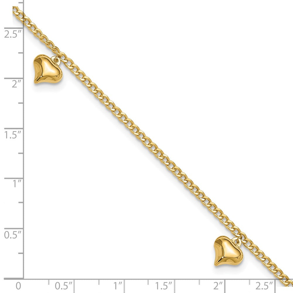 14K Yellow Gold Polished Curb Chain with 3 Puffed Heart Dangles 9 Inch Plus 1 Inch Extender - Total 10 Inch Anklet