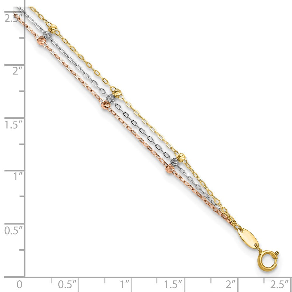14K Tri-Color Gold Tri-color 3-Strand Diamond-cut Beaded 9-Station 9 Inch Plus 1 Inch Extender - Total 10 Inch Anklet
