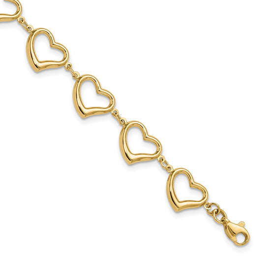 14K Yellow Gold Polished Open Heart Link 7 Inch Bracelet