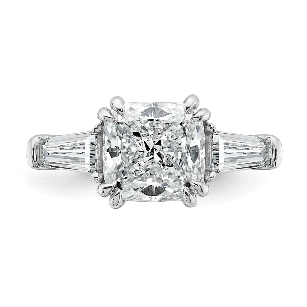 14K White Gold 3/4 carat Lab Grown Diamond VS+ F+ Tapered Baguette 2 1/2 carat Cushion Center Semi Mount Three Stone Engagement Ring