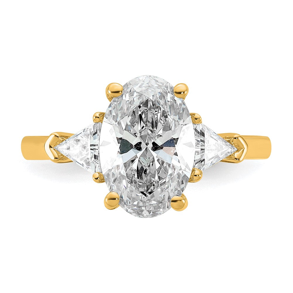 14K Yellow Gold 5/8 carat Lab Grown Diamond VS+ F+ Trillion and 2 1/2 carat Oval Center Semi Mount Three Stone Engagement Ring