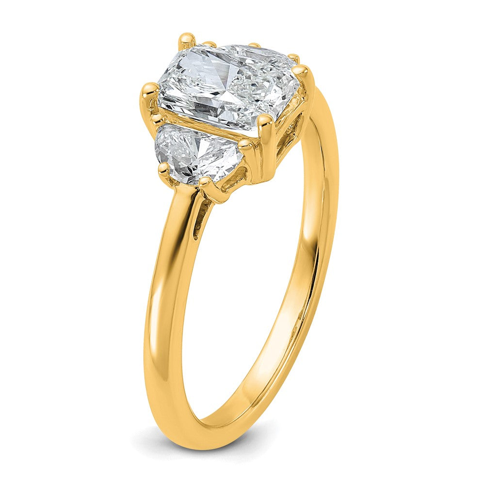 14K Yellow Gold 1 3/8 carat Certified Lab Grown Diamond VS+ F+ Radiant and Half Moon Complete Three Stone Engagement Ring