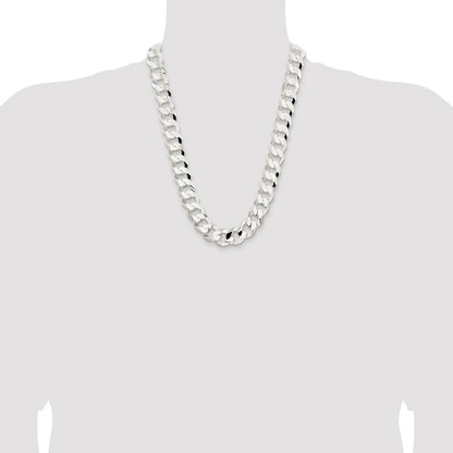 Sterling Silver Rhodium-plated 15.75mm Concave Beveled Curb 24 Inch Chain