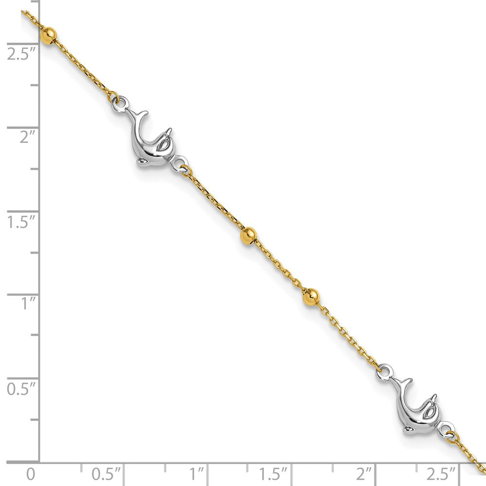 14K Two-Tone Gold Two-tone Beads and Three Dolphins 9 Inch Plus 1 Inch Extender - Total 10 Inch Anklet