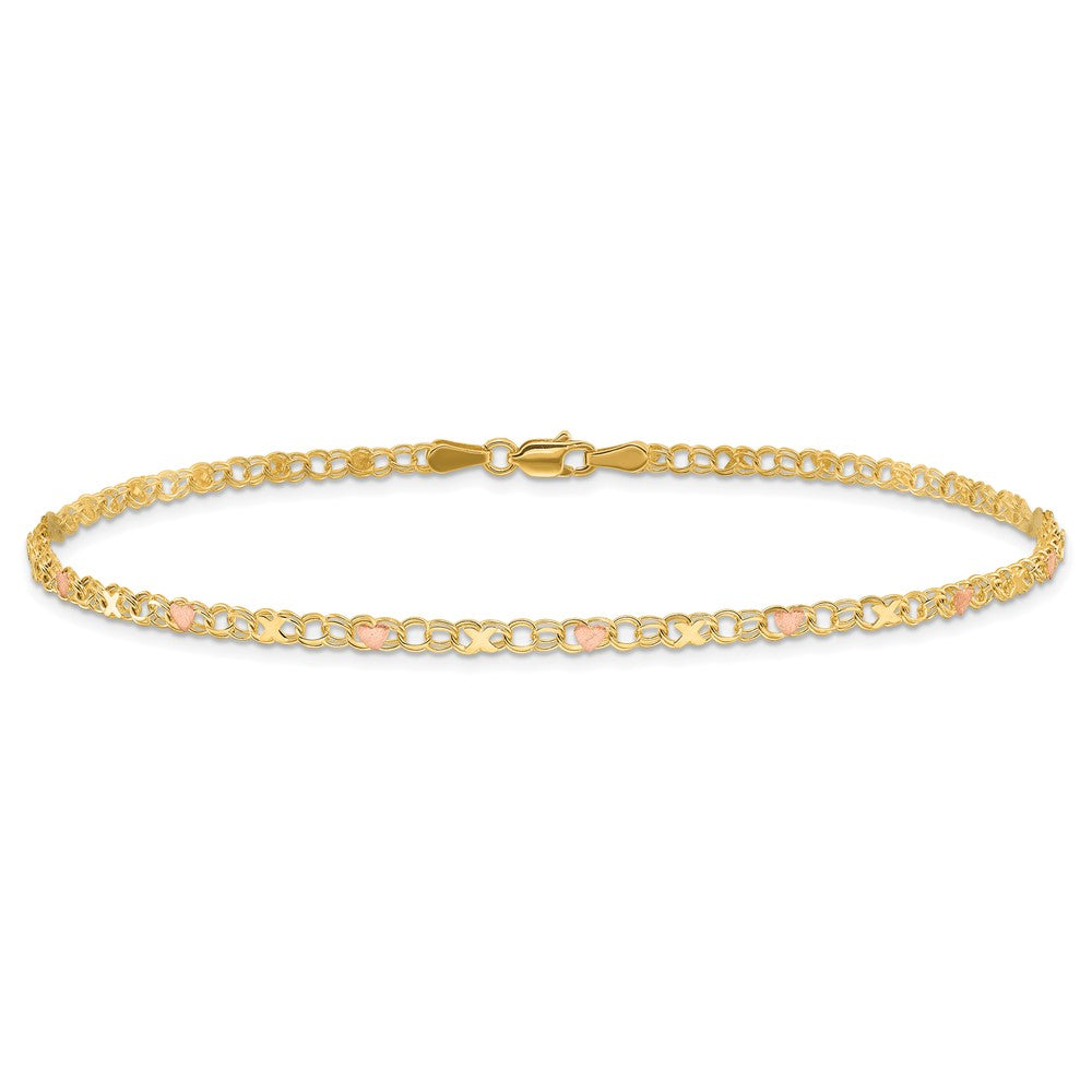 14K Two-Tone Gold Polished and Satin -plated X-and-Heart 9 Inch Anklet