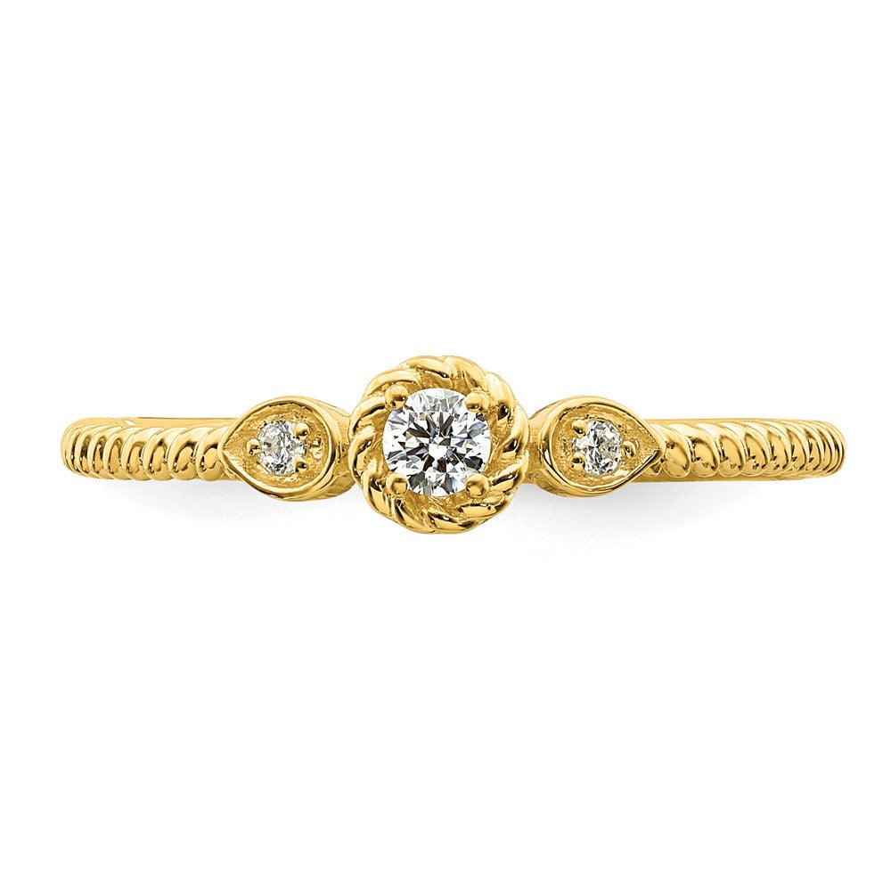 14K Yellow Gold Roped Wedding Band Ring Petite 3-Stone 1/15 carat Round Diamond Complete Promise/Engagement Ring