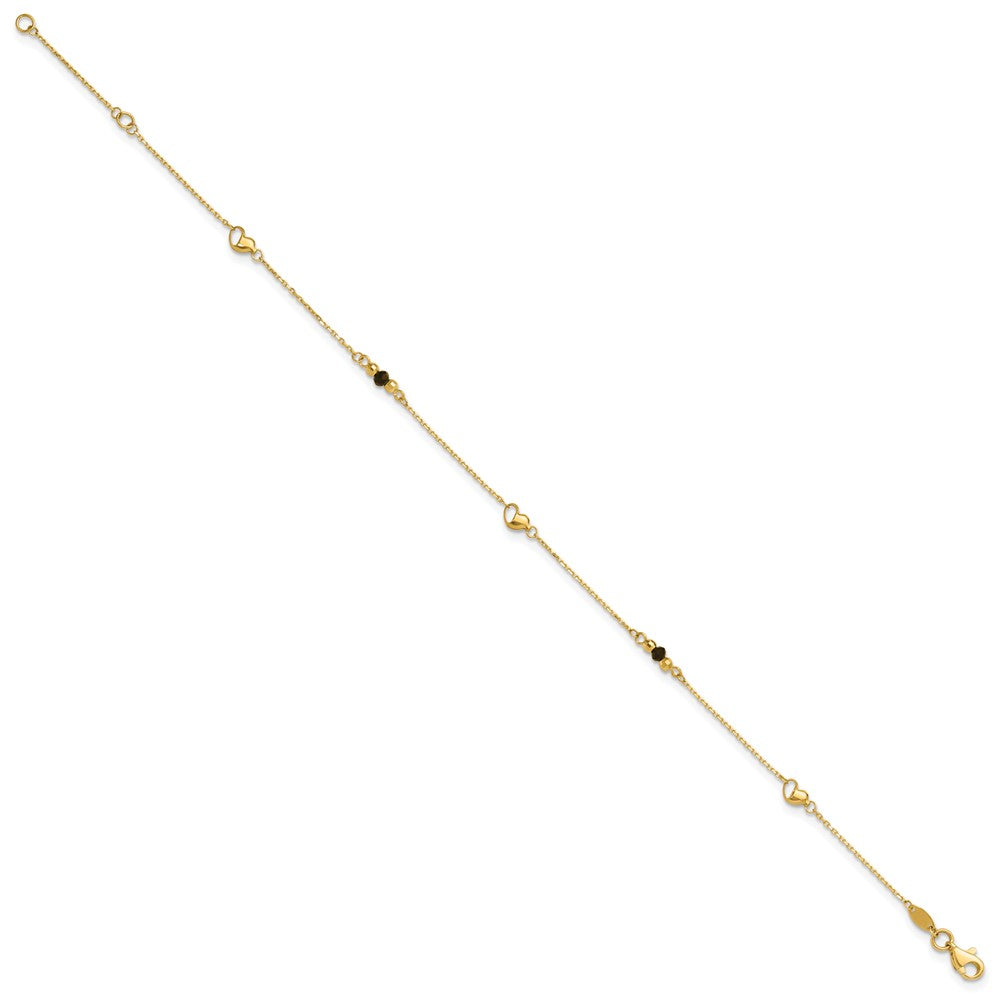 14K Yellow Gold Heart and Lab Created Onyx 9 Inch Plus 1 Inch Extender - Total 10 Inch Anklet