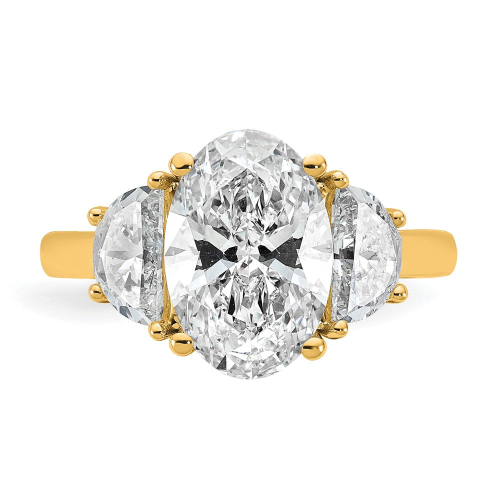 14K Yellow Gold 4 carat Certified Lab Grown Diamond VS+ F+ Complete Oval and Half Moon Three Stone Engagement Ring