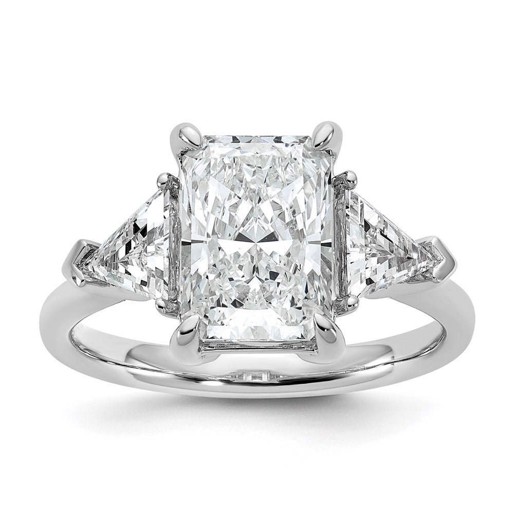 14K White Gold 3 5/8 carat Certified Lab Grown Diamond VS+ F+ Radiant and Triangle Complete Three Stone Engagement Ring