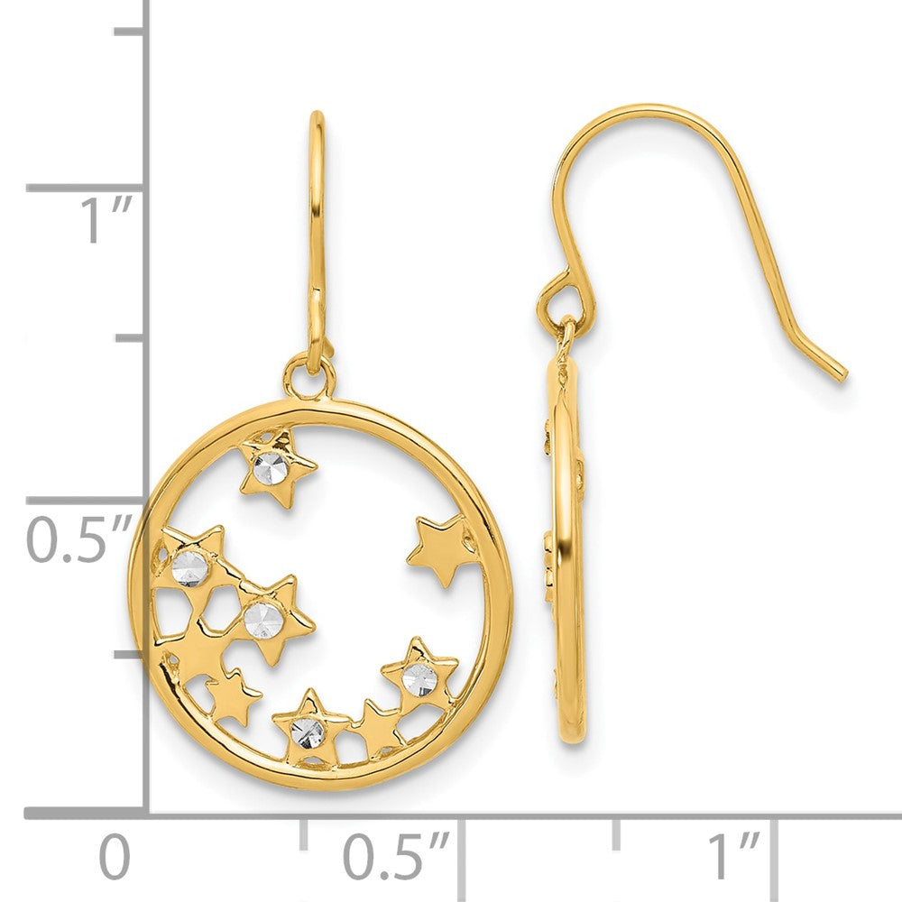 14K Yellow Gold and Rhodium Diamond-cut Stars in Circle Dangle French Hook Earrings
