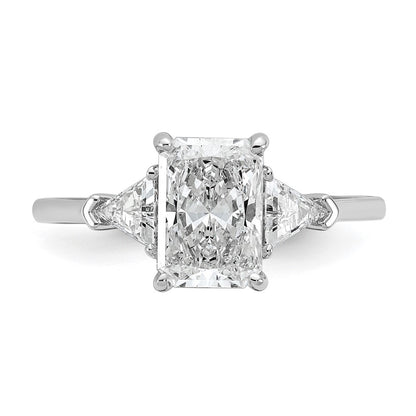 14K White Gold 1/2 carat Lab Grown Diamond VS+ F+ Triangle 1 1/2 carat Radiant Center Semi Mount Three Stone Engagement Ring