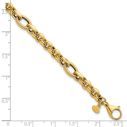 14K Yellow Gold Polished and Textured Rolo and Oval Fancy Chain 7.5 Inch Bracelet