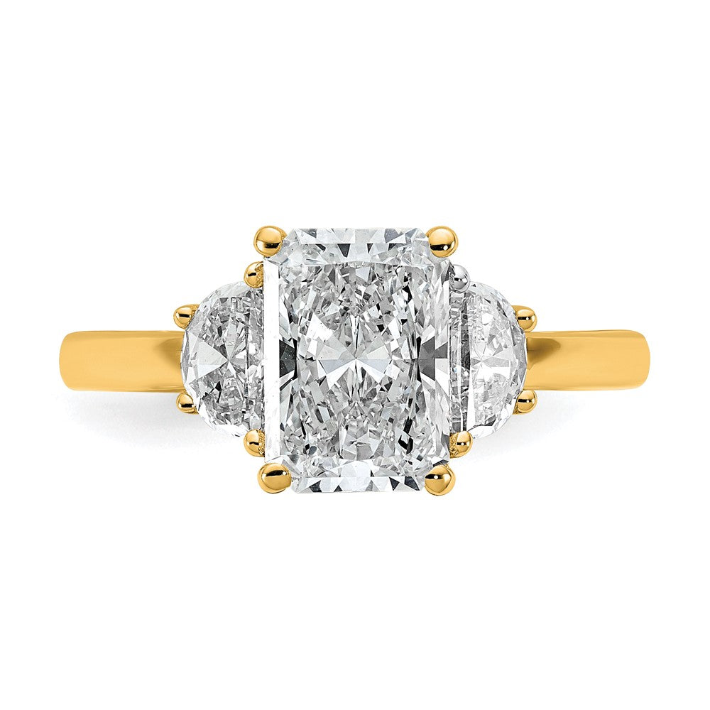 14K Yellow Gold 2 1/2 carat Certified Lab Grown Diamond VS/SI+ G+ Radiant and Half Moon Complete Three Stone Engagement Ring