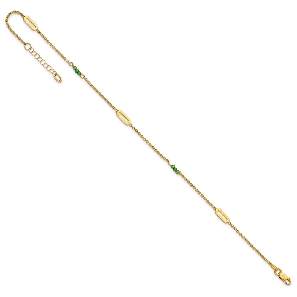 14K Yellow Gold Polished Green Zircon Beads and Ovals 9 Inch Plus 1 Inch Extender - Total 10 Inch Anklet