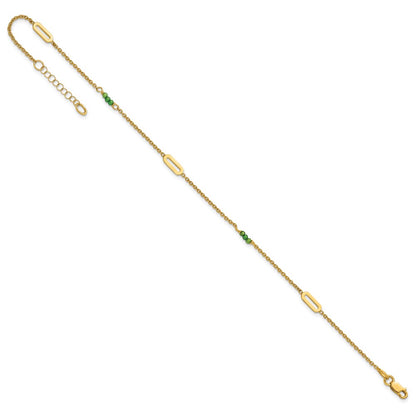 14K Yellow Gold Polished Green Zircon Beads and Ovals 9 Inch Plus 1 Inch Extender - Total 10 Inch Anklet