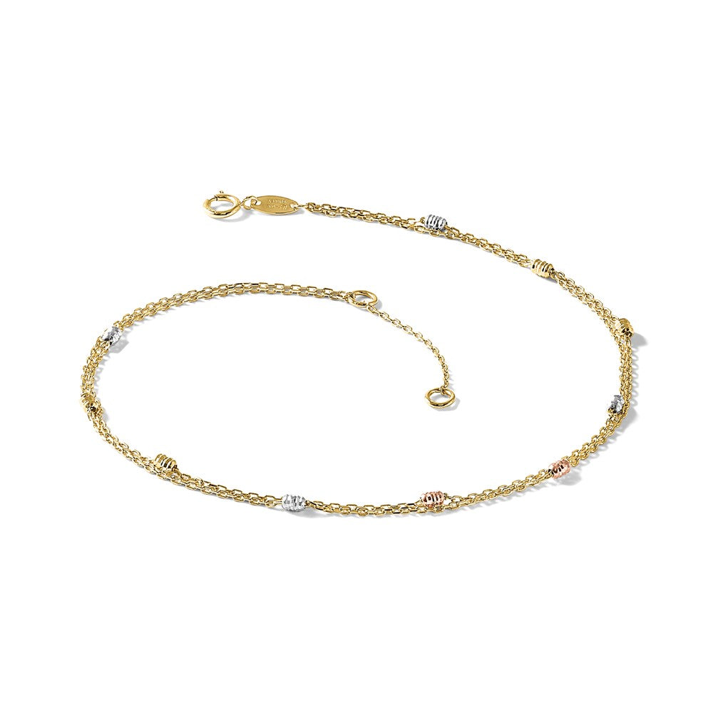 14K Tri-Color Gold Tri-color Diamond-cut Beads 2-Strand 9 Inch Plus 1 Inch Extender - Total 10 Inch Anklet