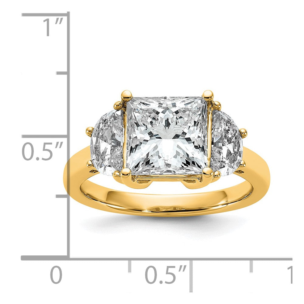 14K Yellow Gold 1 carat Lab Grown Diamond VS+ F+ Half Moon 3 carat Princess Center Semi Mount Three Stone Engagement Ring