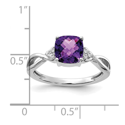 14K White Gold 7mm Cushion Checkerboard February/Amethyst and Diamond Ring