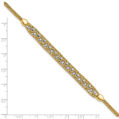 14K Two-Tone Gold Textured Diamond-cut 7mm Beaded 7.5 Inch Bracelet Plus 1 Inch Extender