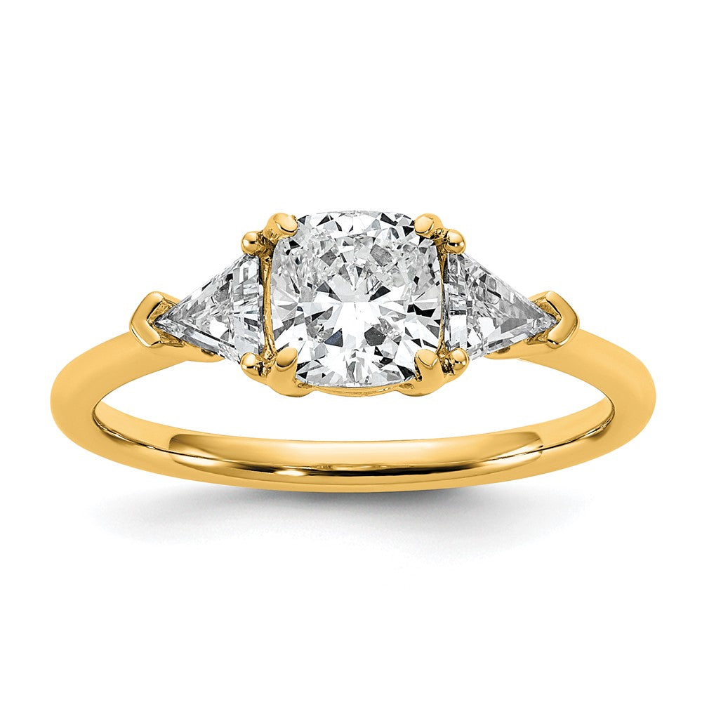 14K Yellow Gold 1/2 carat Lab Grown Diamond VS/SI+ G+ Triangle 1 carat Cushion Center Semi Mount Three Stone Engagement Ring