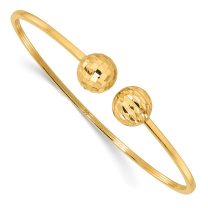 14K Yellow Gold Polished and Diamond-cut 10mm Ball 2.00mm Flexible Oval Cuff Bangle Bracelet