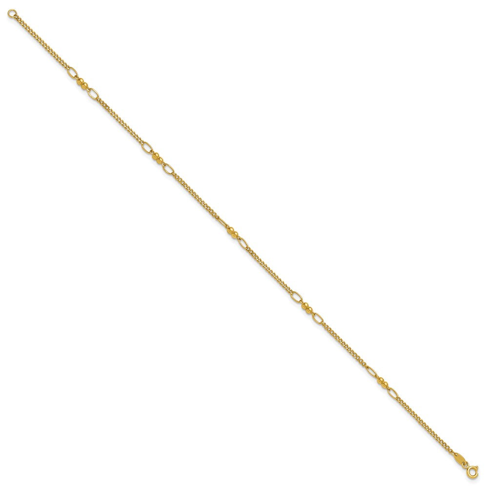 14K Yellow Gold Polished and Diamond-cut 5-Station Beaded Mixed Link 10 Inch Anklet