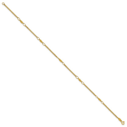 14K Yellow Gold Polished and Diamond-cut 5-Station Beaded Mixed Link 10 Inch Anklet