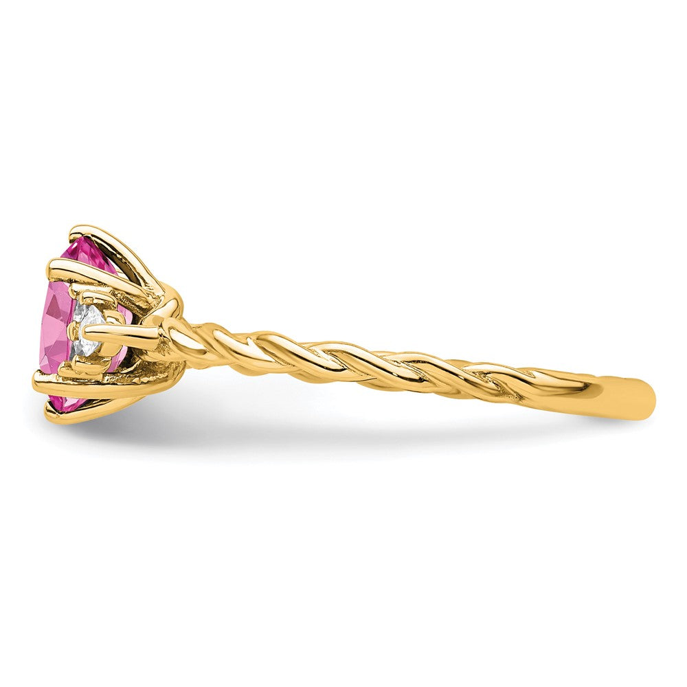 14K Yellow Gold Diamond and 7x5 Oval October/Lab Created Pink Sapphire Size 7 Twisted Ring