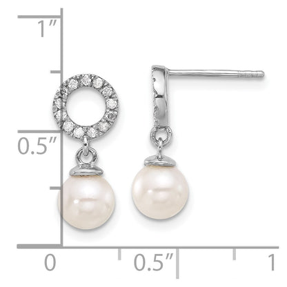 14K White Gold 6-7mm White Round Akoya Saltwater Cultured Pearl and .20 Carat Diamond Post Dangle Earrings