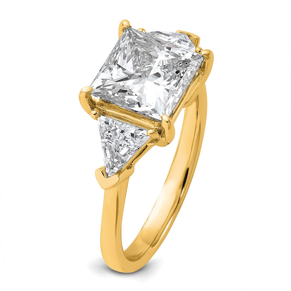 14K Yellow Gold 1 1/8 carat Lab Grown Diamond VS+ F+ Trillion and 3 carat Princess Center Semi Mount Three Stone Engagement Ring