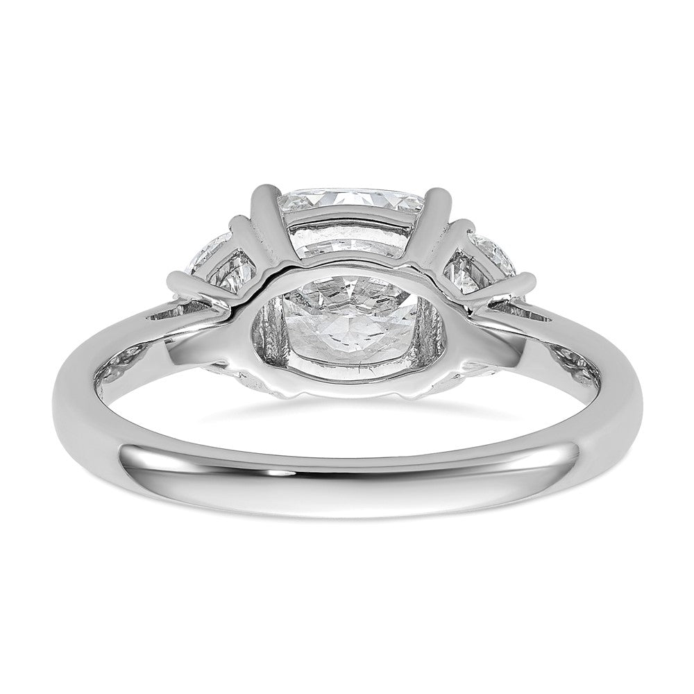 14K White Gold 1/2 carat Lab Grown Diamond VS/SI+ G+ Half Moon and 2 carat Cushion Center Semi Mount Three Stone Engagement Ring