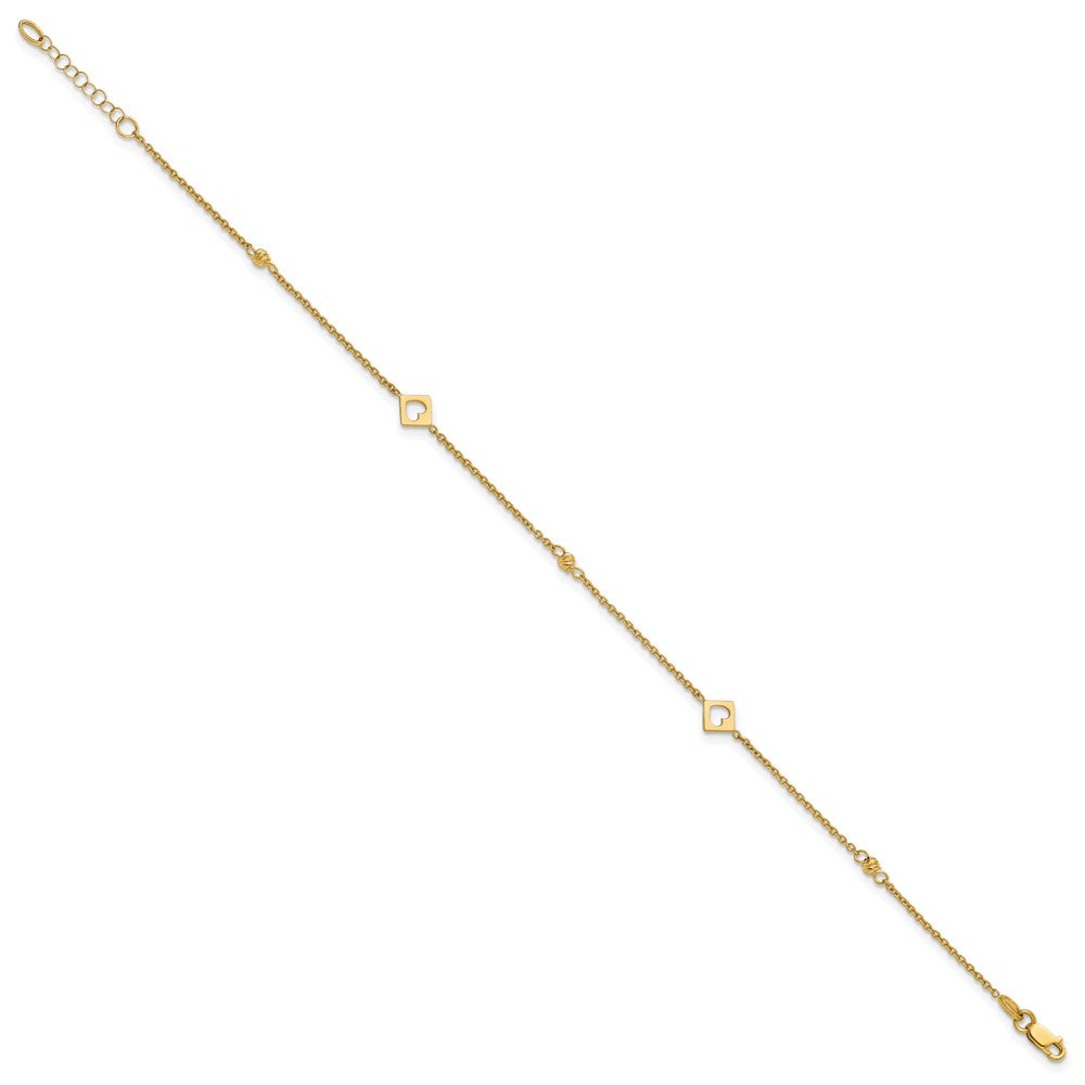 14K Yellow Gold Polished Cut-out Hearts and Diamond-cut Beads 9 Inch Plus 1 Inch Extender - Total 10 Inch Anklet