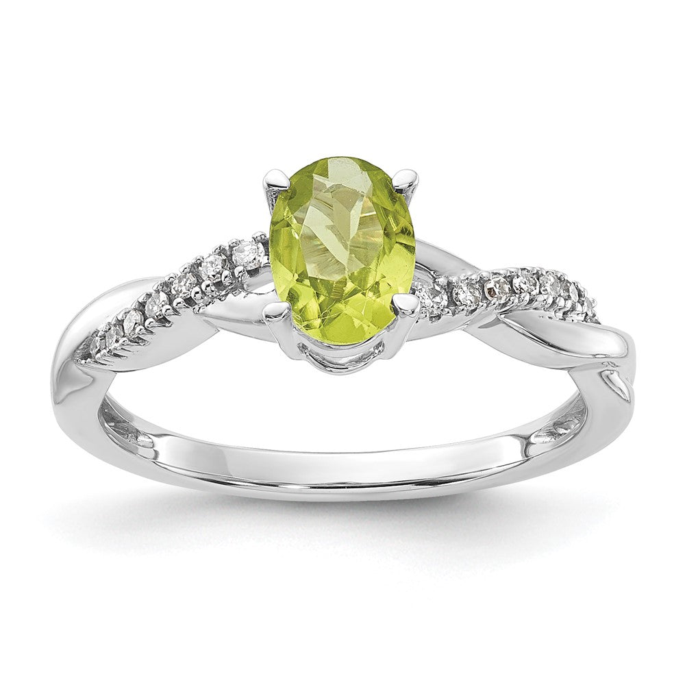 14K White Gold 7x5 Oval August/Peridot and Diamond Size 7 Ring