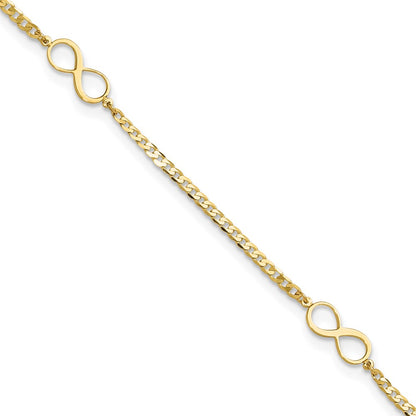 14K Yellow Gold Polished Infinity 3-Station 9 Inch Plus 1 Inch Extender - Total 10 Inch Anklet