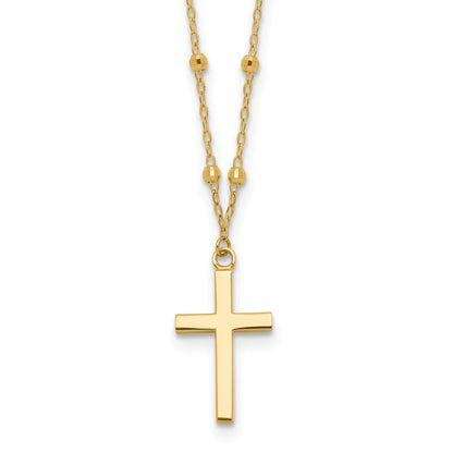 14K Yellow Gold Mirror Beaded Chain with Polished Cross Pendant 16.25 Inch Necklace Plus 2 Inch Extender