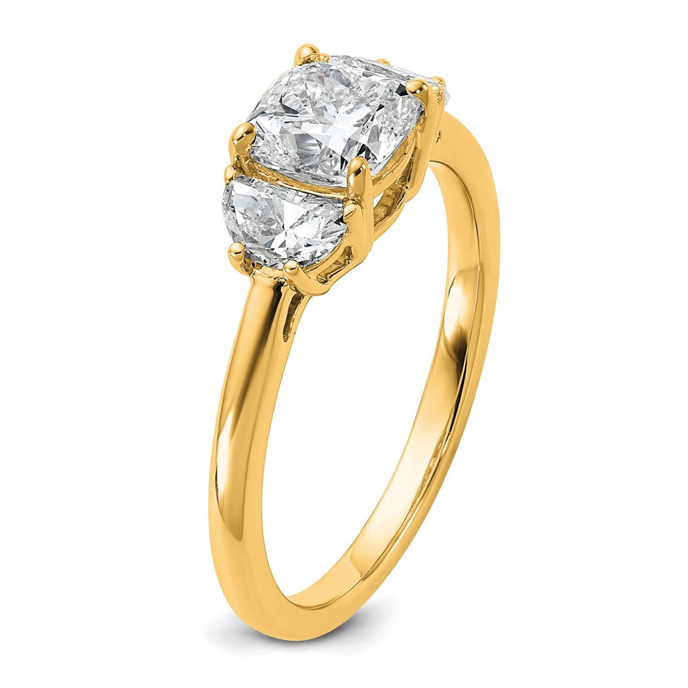 14K Yellow Gold 3/8 carat Lab Grown Diamond VS+ F+ Half Moon and 1 carat Cushion Center Semi Mount Three Stone Engagement Ring