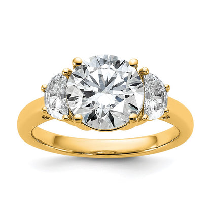 14K Yellow Gold 5/8 carat Lab Grown Diamond VS+ F+ 2 1/2 carat Center Round Semi Mount Three Stone Engagement Ring