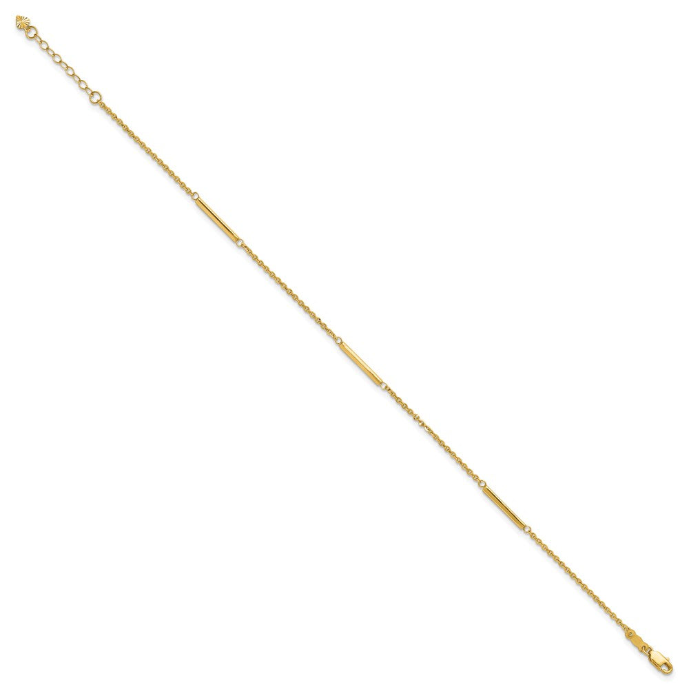 14K Yellow Gold Cable Chain and Bar 3-Station 9 Inch Plus 1 Inch Extender - Total 10 Inch Anklet