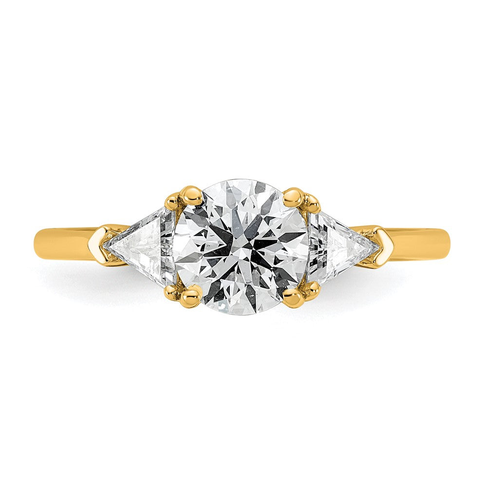 14K Yellow Gold 1/2 carat Lab Grown Diamond VS+ F+ Triangle 1 carat Round Semi Mount Three Stone Engagement Ring