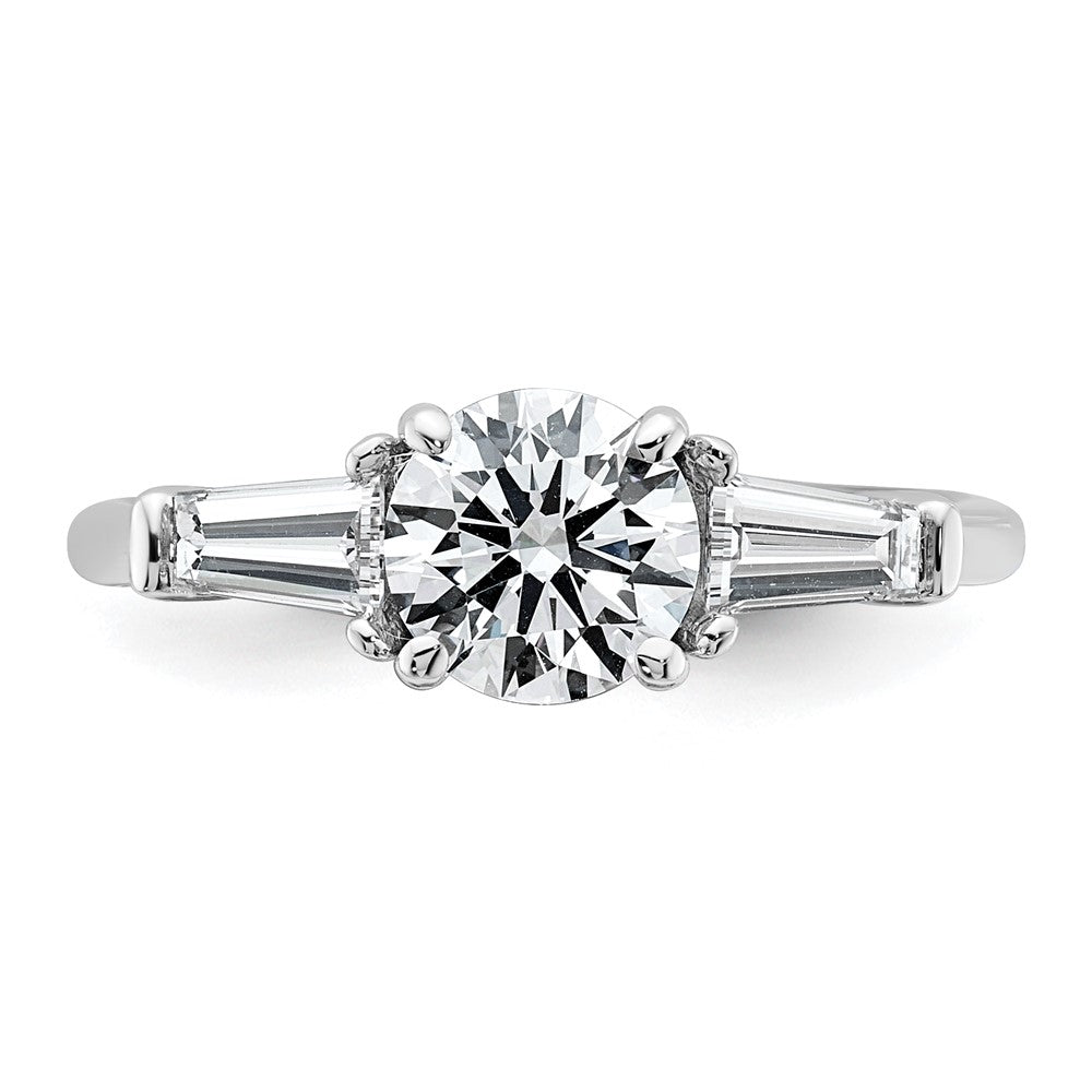 14K White Gold 1/2 carat Lab Grown Diamond VS+ F+ Tapered Baguette with 1 carat Round Center Semi Mount Three Stone Engagement Ring