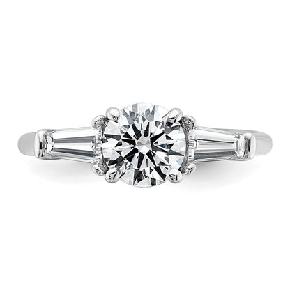 14K White Gold 1/2 carat Lab Grown Diamond VS+ F+ Tapered Baguette with 1 carat Round Center Semi Mount Three Stone Engagement Ring