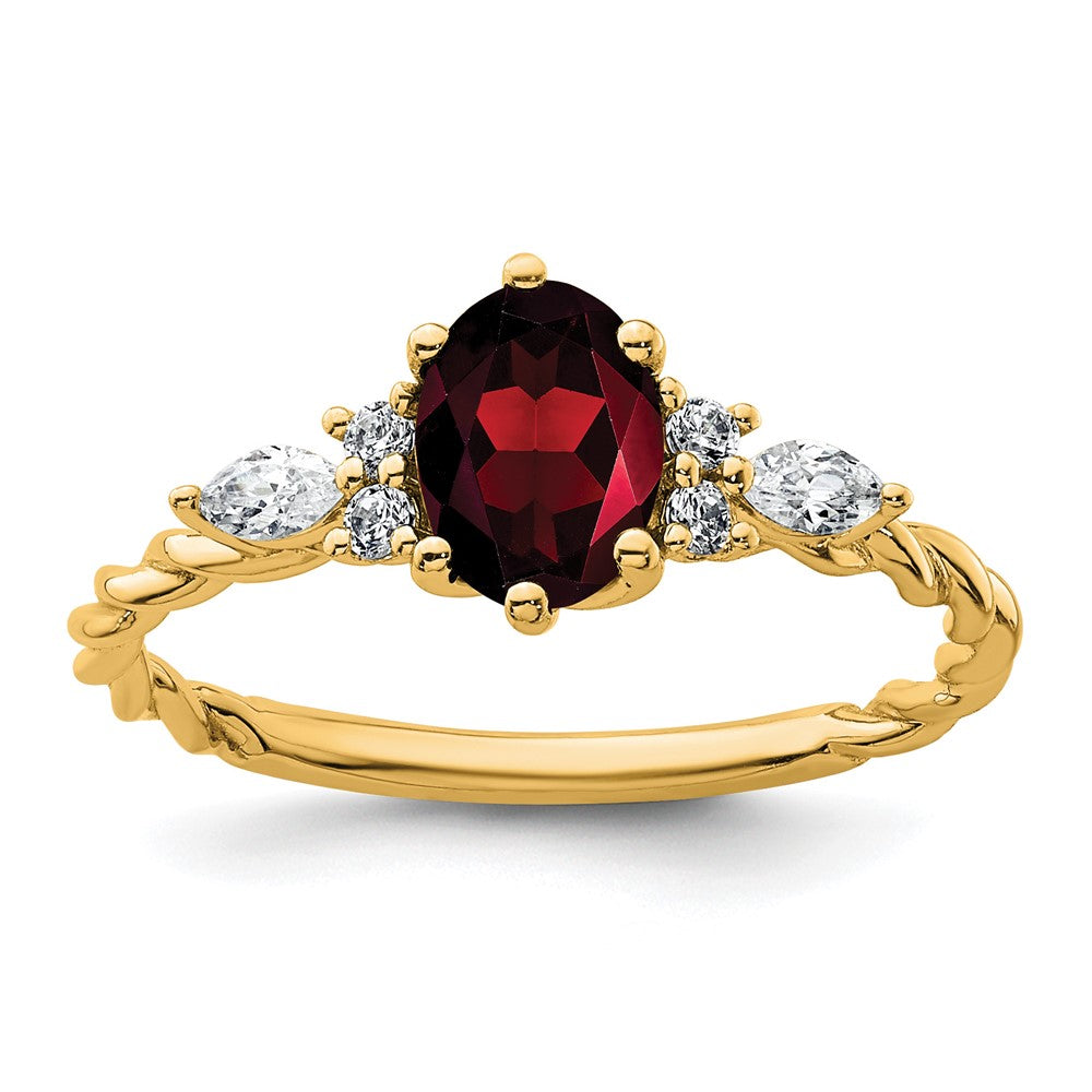 14K Yellow Gold Diamond and 7x5 Oval January/Garnet Size 7 Twisted Ring