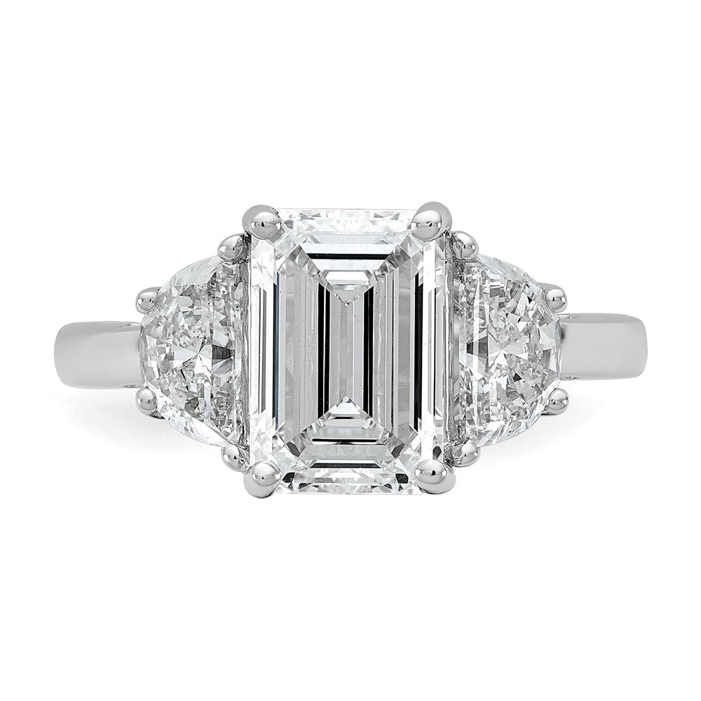 14K White Gold 1 carat Lab Grown Diamond VS/SI+ G+ Semi Mount Emerald and Half Moon Three Stone Engagement Ring