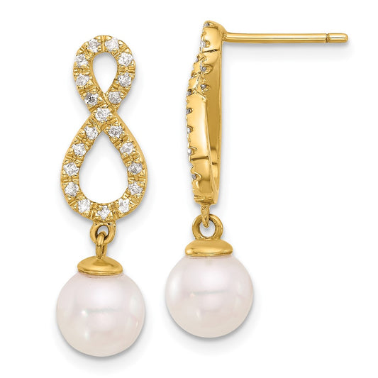 14K Yellow Gold 7-8mm Round Akoya Saltwater Cultured Pearl and .40 Carat Diamond Infinity Post Dangle Earrings
