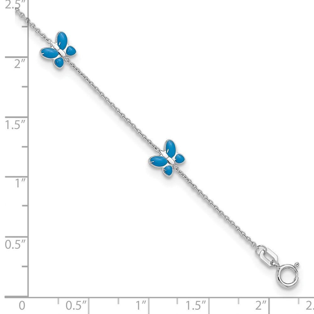 14K White Gold Blue Enameled Butterflies 7-Station 10 Inch Anklet