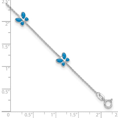 14K White Gold Blue Enameled Butterflies 7-Station 10 Inch Anklet