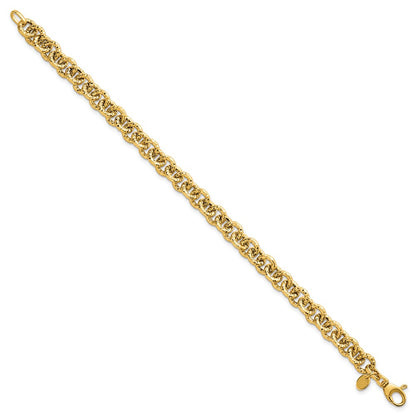 14K Yellow Gold Polished and Textured 7.3mm Cable Chain 7.5 Inch Bracelet