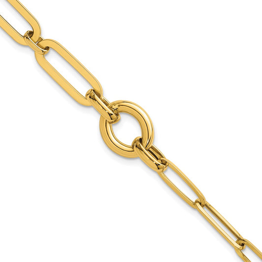 14K Yellow Gold Polished Fancy Paperclip Link with Circle 7.25 Inch Bracelet